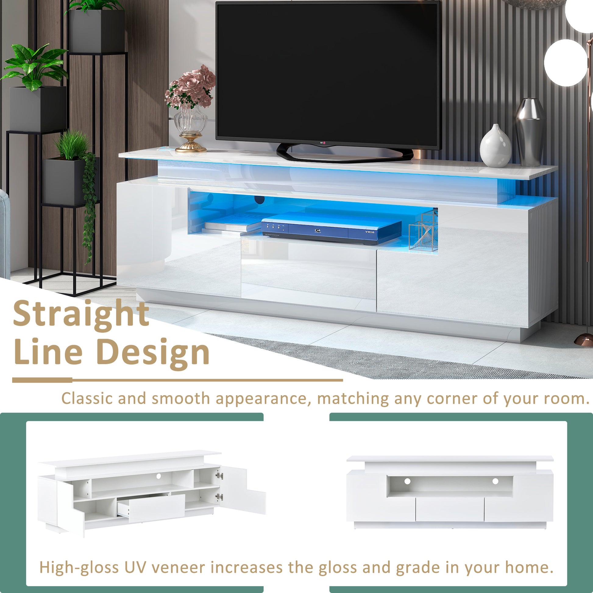ON-TREND Modern, Stylish Functional TV stand with Color Changing LED Lights, Universal Entertainment Center, High Gloss TV Cabinet for 75+ inch TV, White - Enova Luxe Home Store