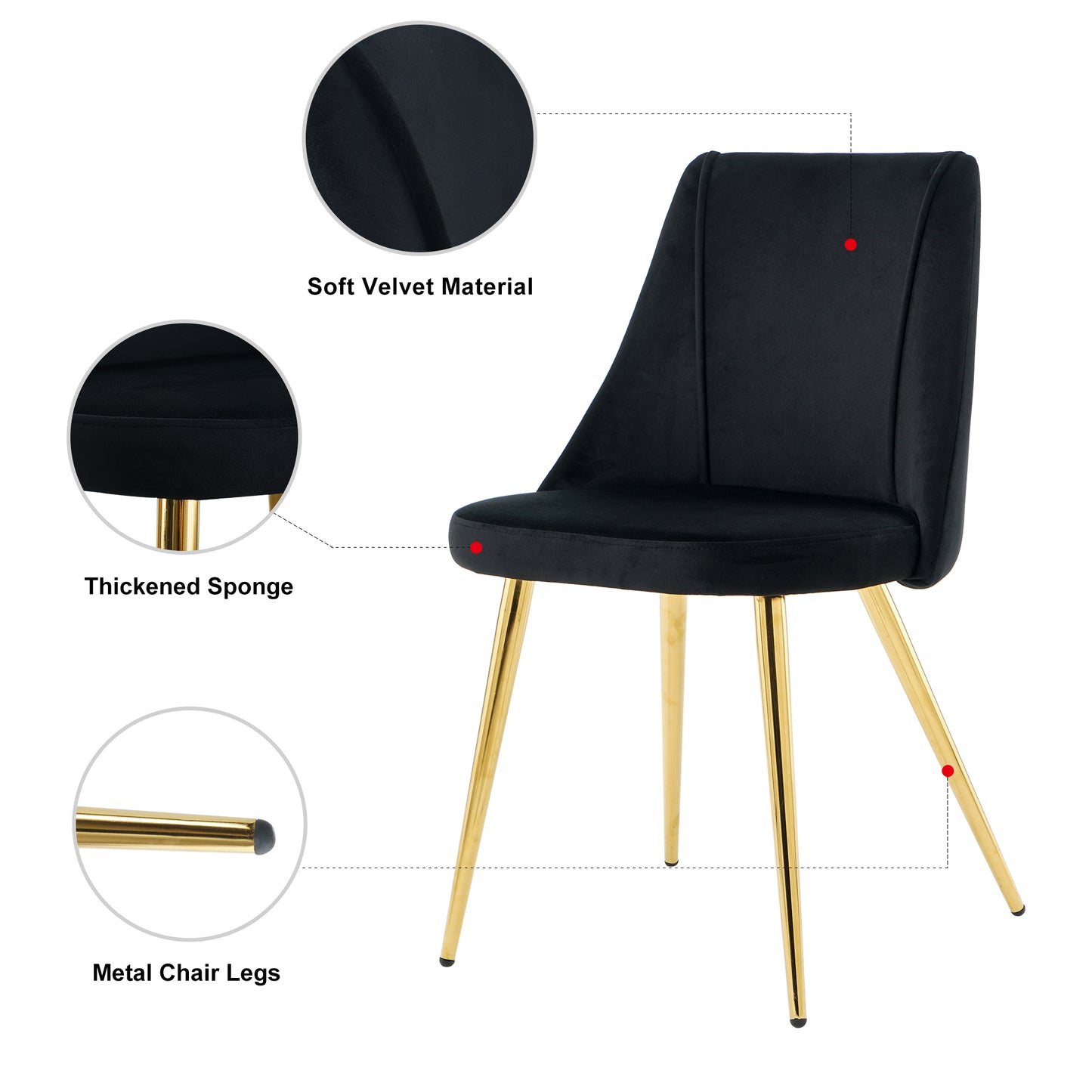 Modern simple velvet dining black chair home bedroom stool back dressing chair student desk chair gold metal legs(set of 4)