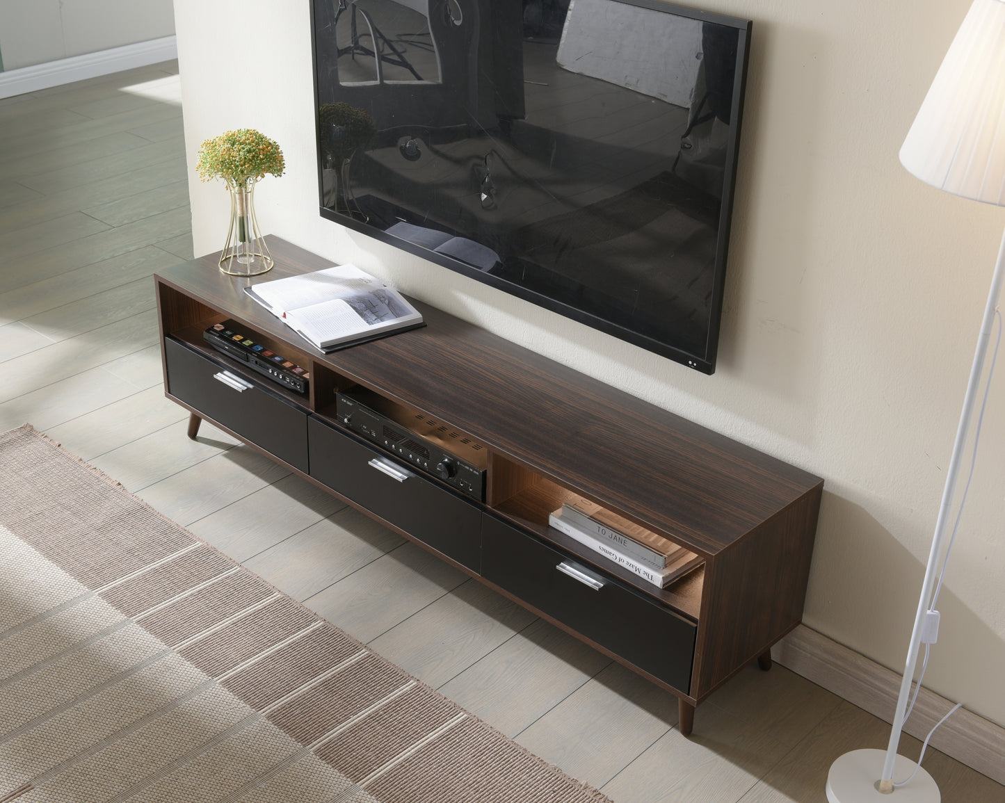 LED TV Stand LED Entertainment Center with Storage Modern LED Media Console Tables LED TV Cabinet for Living Room Bedroom and Office Walnut