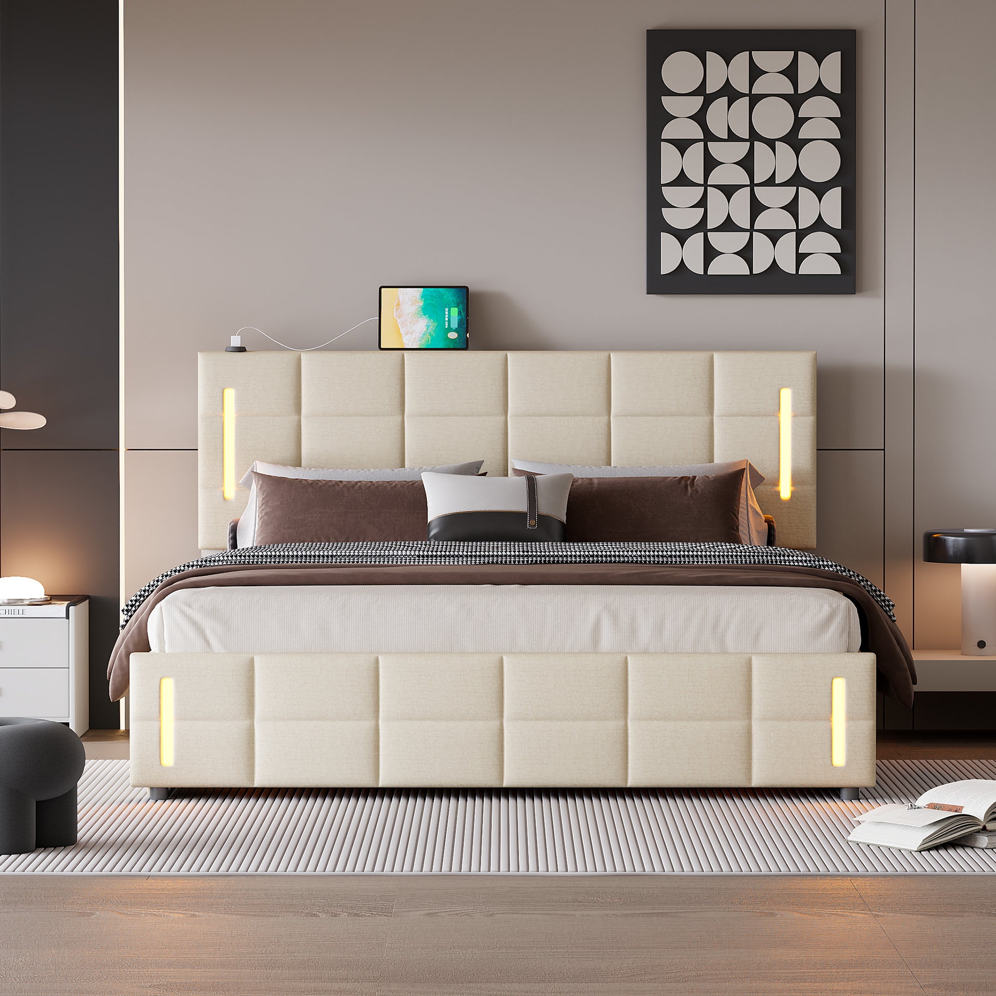Queen Size Upholstered Bed with Hydraulic Storage System and LED Light, Beige - Enova Luxe Home Store