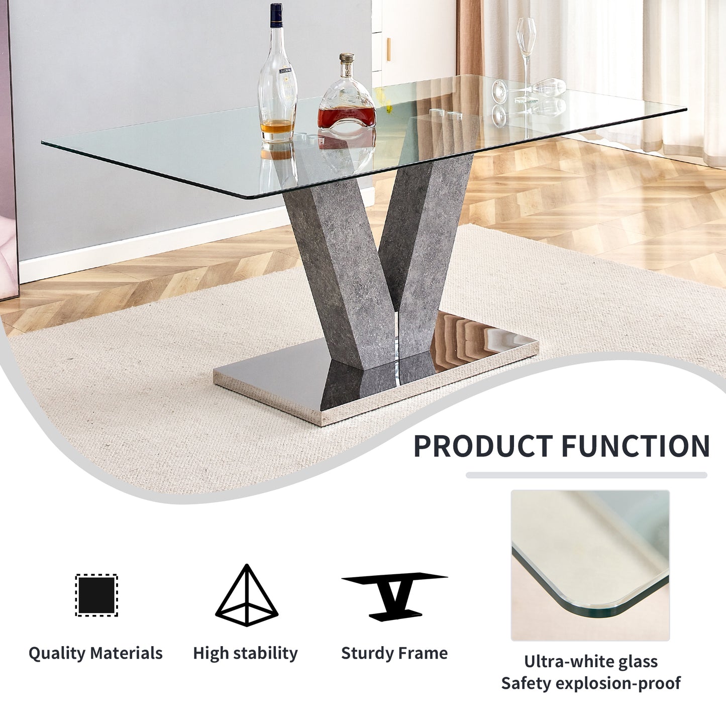Large Modern Minimalist Rectangular Glass Dining Table for 6-8 with 0.4" Tempered Glass Tabletop and MDF slab V Shaped Bracket,For Kitchen Dining Living Meeting Room Banquet Hall  F-V - Enova Luxe Home Store