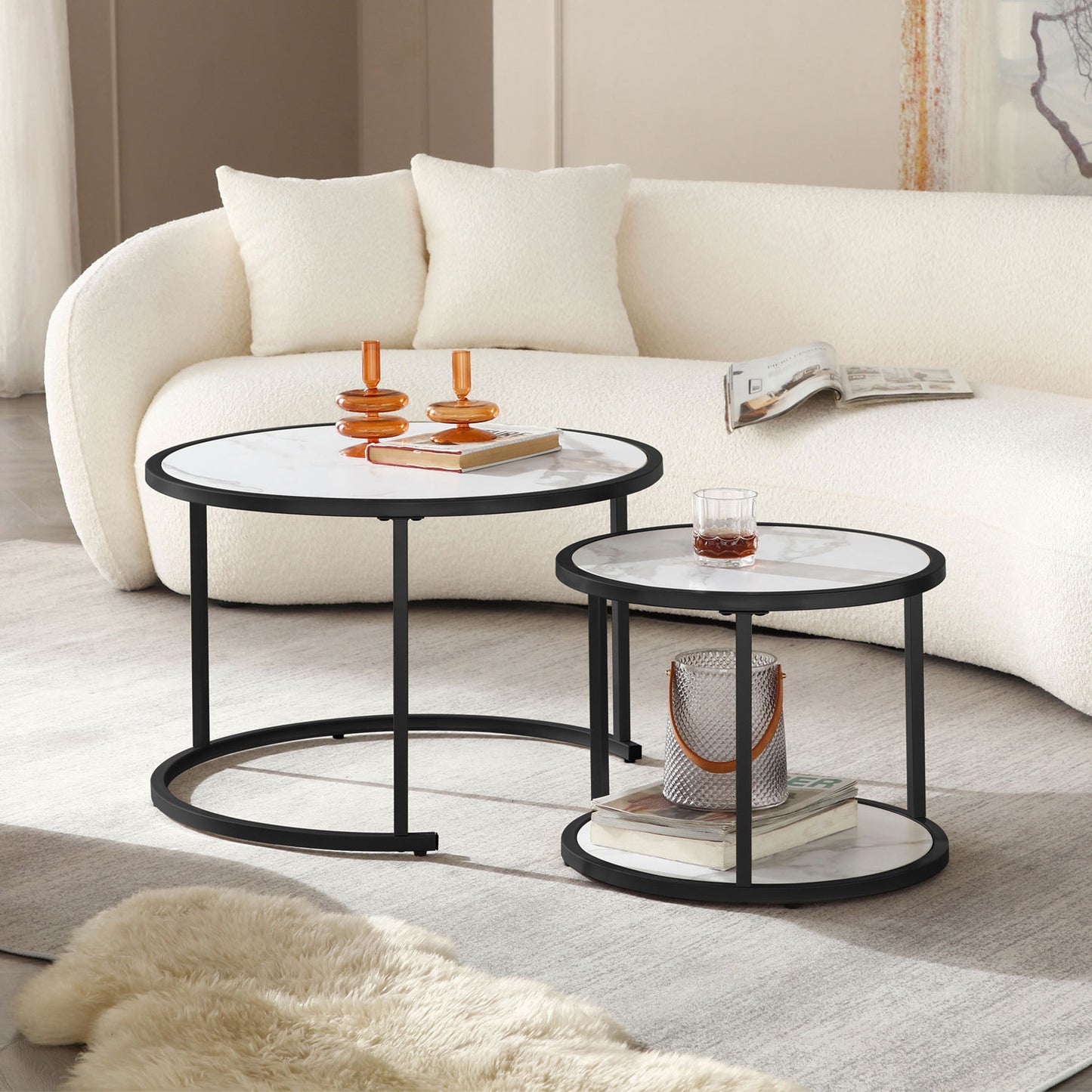 27.16inch Marble Pattern MDF Top with Black Metal Frame nesting coffee table set of 2 - Enova Luxe Home Store