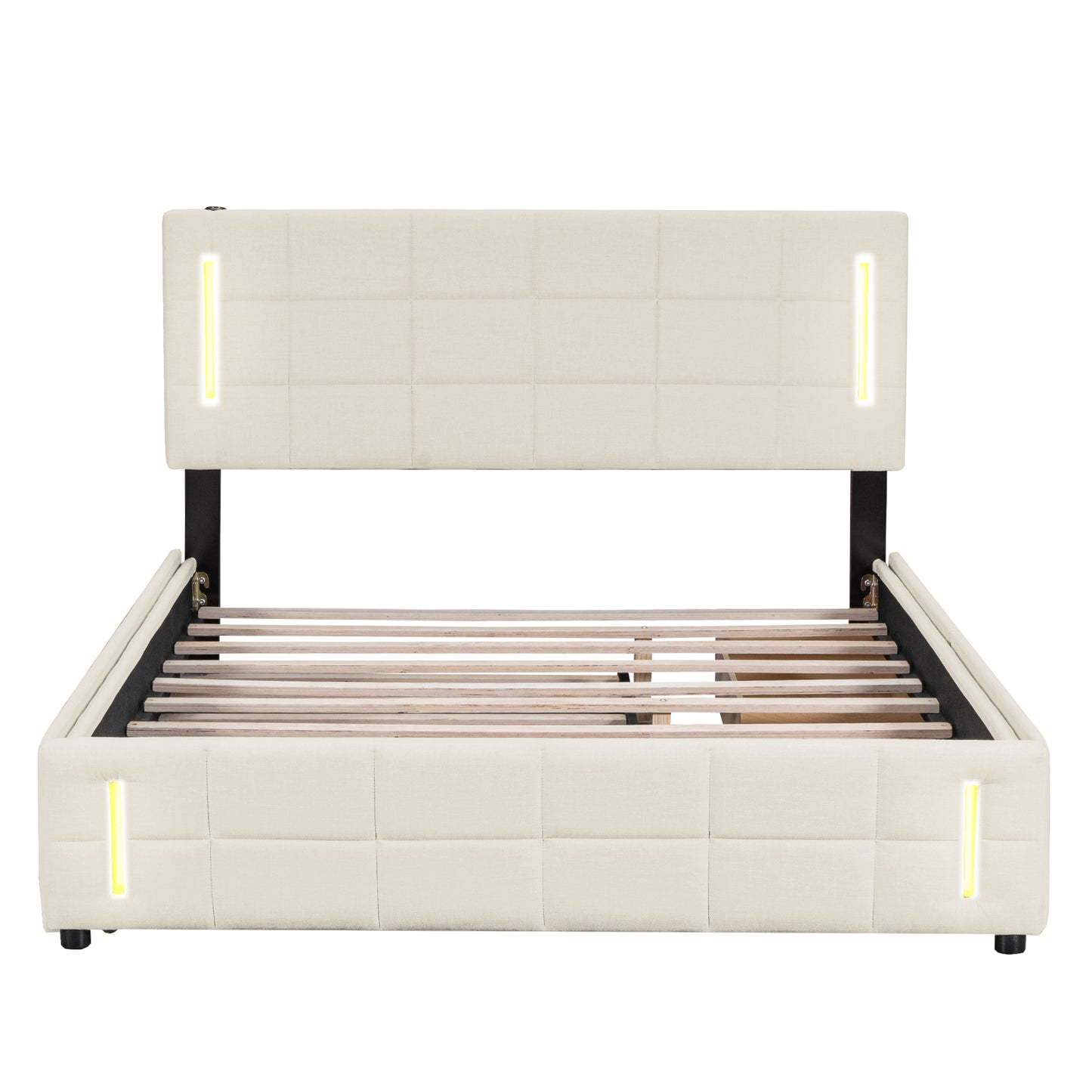 Queen Size Upholstered Platform Bed with Trundle and Drawers, Beige - Enova Luxe Home Store