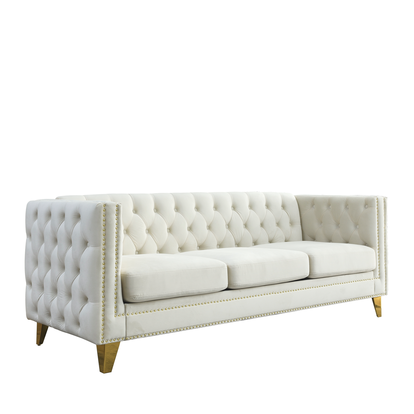 Velvet Sofa for Living Room,Buttons Tufted Square Arm Couch, Modern Couch Upholstered Button and Metal Legs, Sofa Couch for Bedroom, Beige Velvet ,2PCS