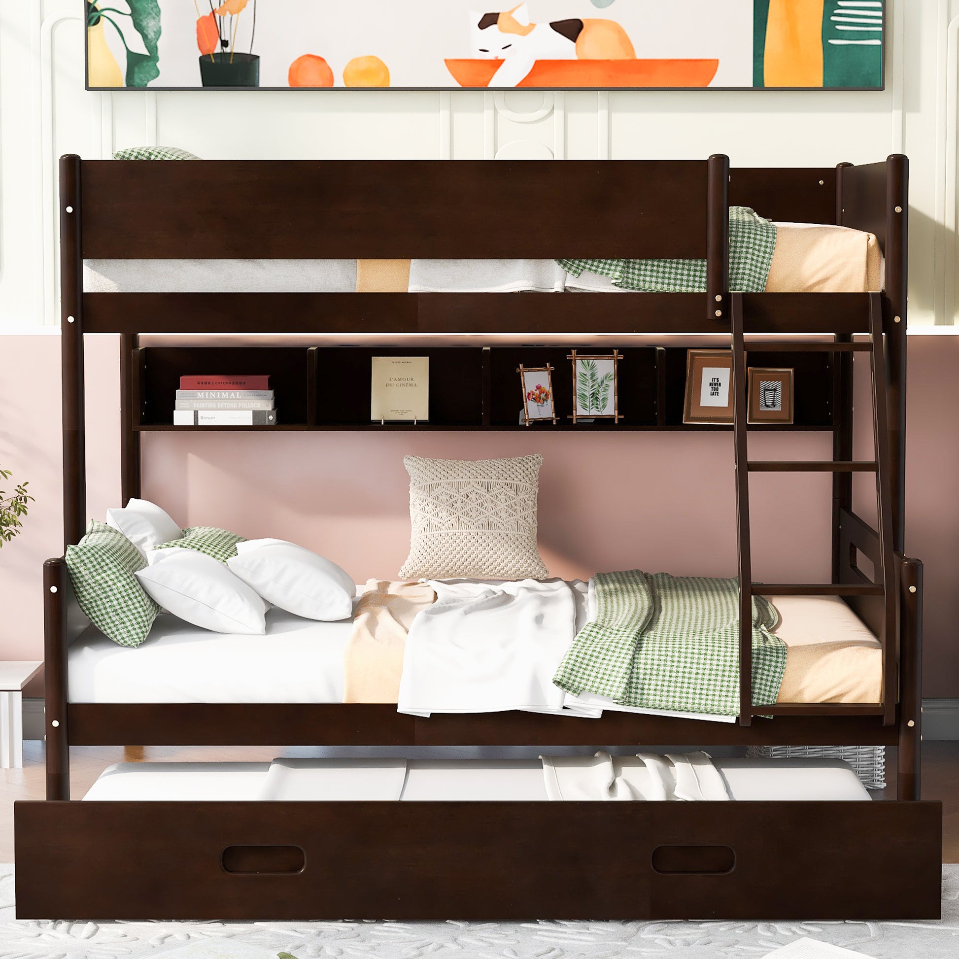 Wood Twin over Full Bunk Bed with Storage Shelves and Twin Size Trundle, Espresso - Enova Luxe Home Store