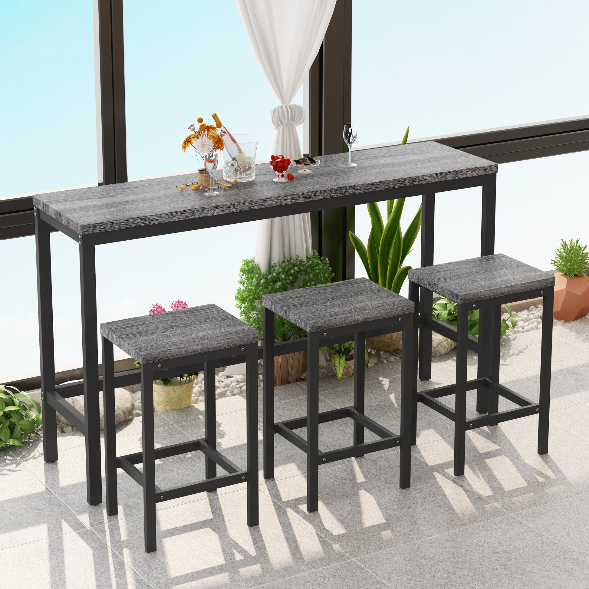 Modern Design Kitchen Dining Table, Pub Table, Long Dining Table Set with 3 Stools, Easy Assembly, Gray (Same SKU:W75753845) - Enova Luxe Home Store