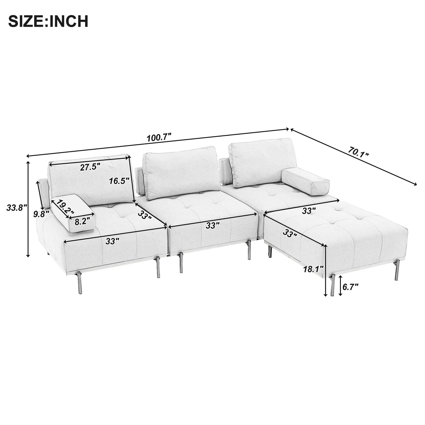 L-Shape Sectional Sofa 3-Seater Couches with a Removable Ottoman, Comfortable Fabric for Living Room, Apartment, Beige