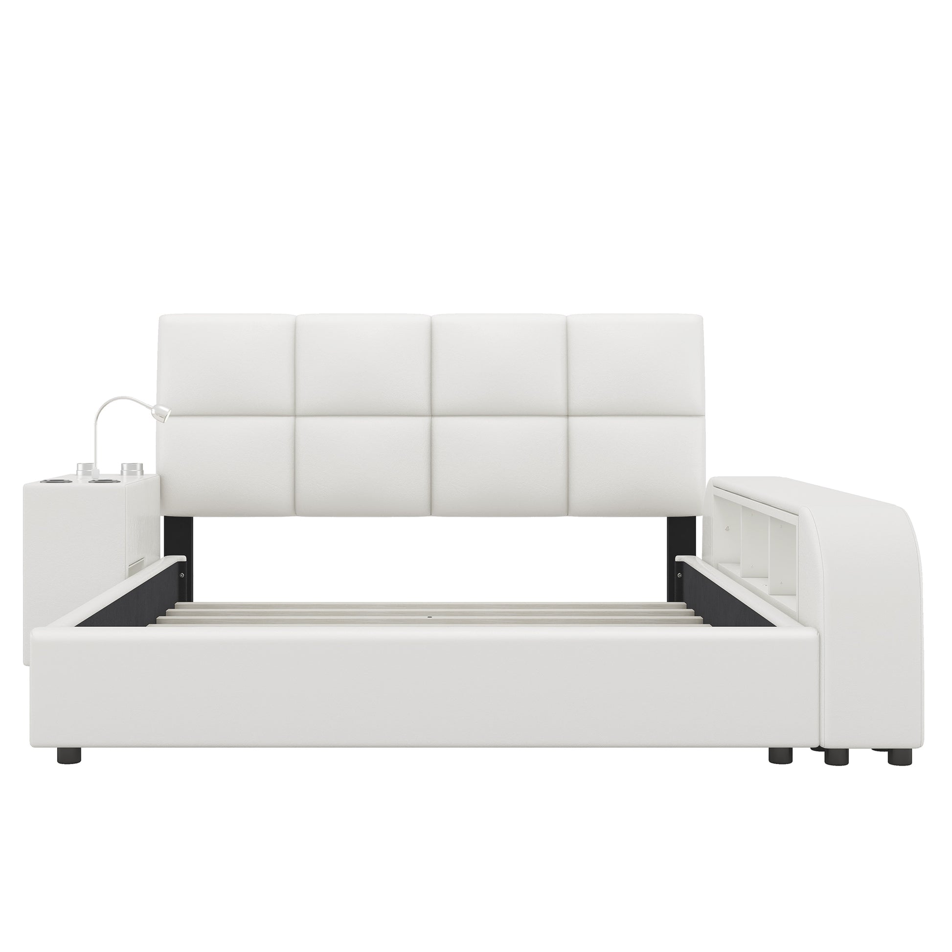 Queen Size Upholstered Platform Bed with Multimedia Nightstand and Storage Shelves, White - Enova Luxe Home Store