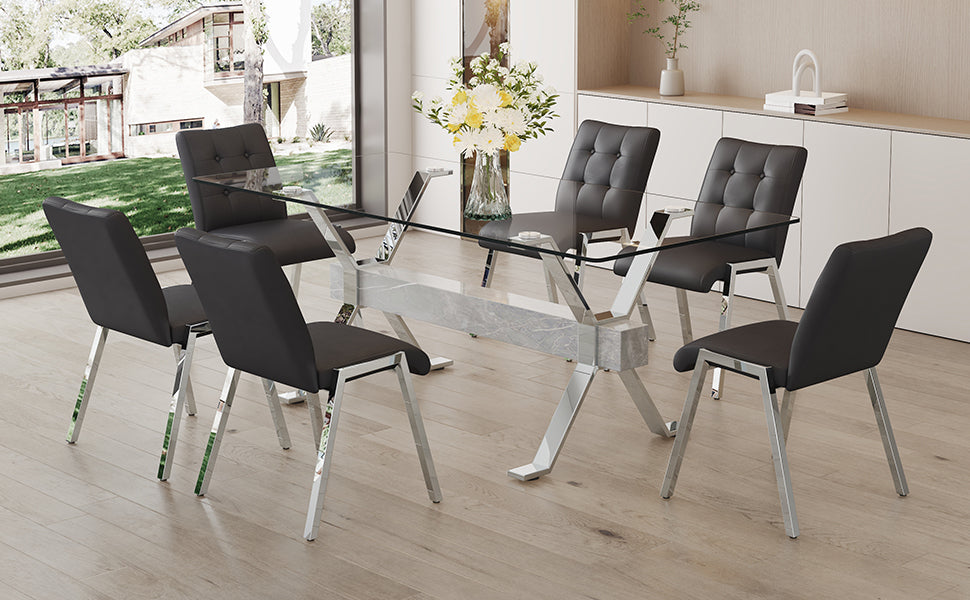 Table and chair set. 1 table and 6 black chairs. Tempered glass desktop. Equipped with silver plated metal legs and MDF crossbars. Paired with armless soft backrest dining chairs. 1105 0809 - Enova Luxe Home Store