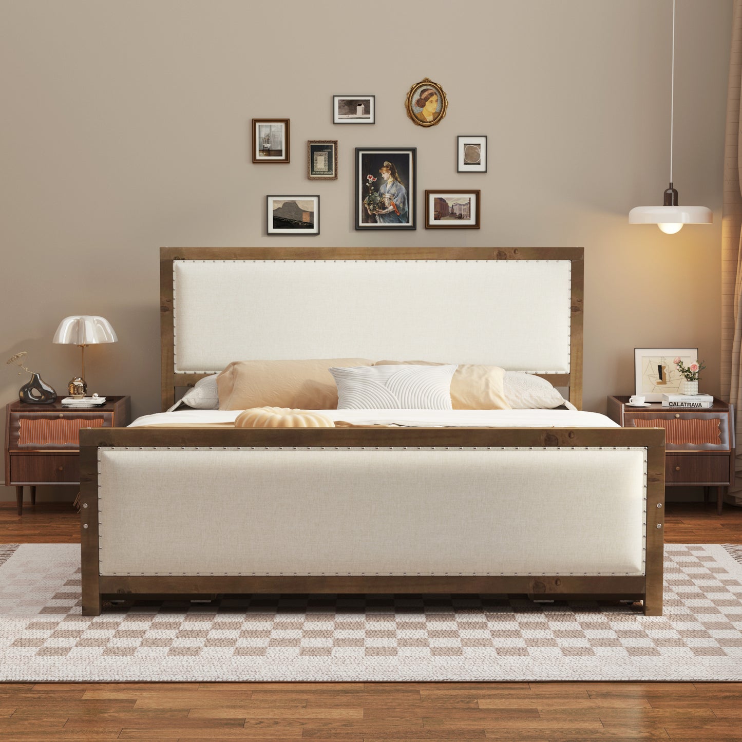Queen Size Upholstered Platform Bed with Wood Frame and 4 Drawers, Natural Wooden+Beige Fabric - Enova Luxe Home Store
