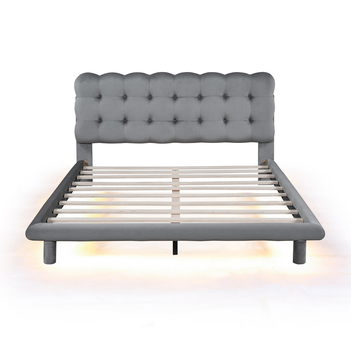 Queen Size Velvet Platform Bed with LED Frame, Thick & Soft Fabric and Button-tufted Design Headboard, Gray