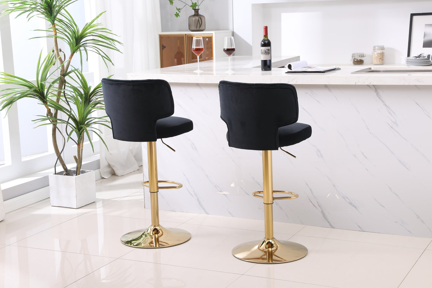 Modern Barstools Bar Height, Swivel Velvet Bar Stool Counter Height Bar Chairs Adjustable Tufted Stool with Back& Footrest for Home Bar Kitchen Island Chair (Black, Set of 2) - Enova Luxe Home Store