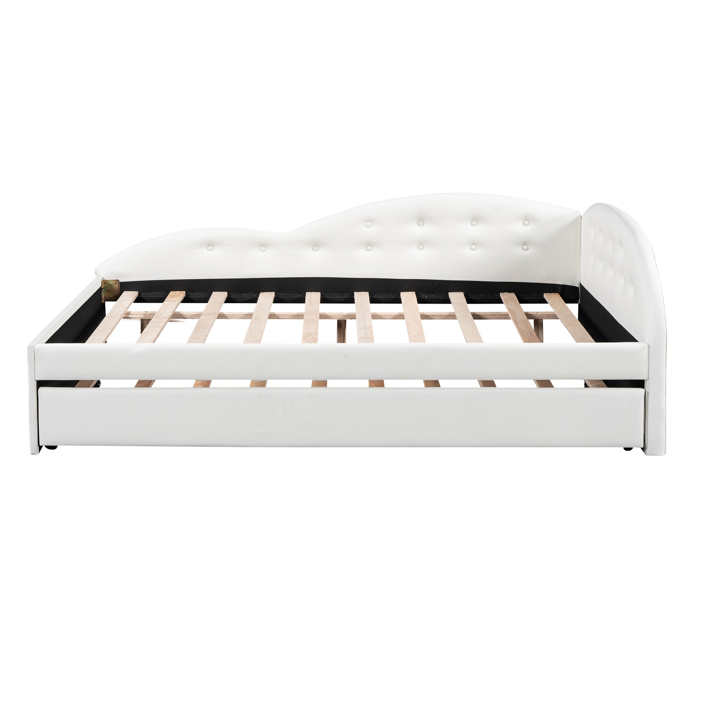 Full Size PU Upholstered Tufted Daybed with Trundle and Cloud Shaped Guardrail, White
