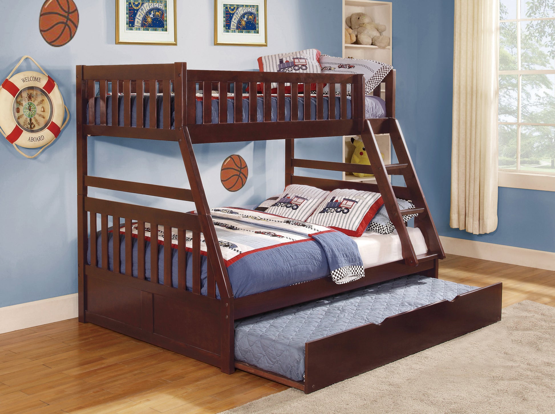 1pc Twin/Full Bunk Bed with Twin Trundle Dark Cherry Finish Wooden Bedroom Furniture - Enova Luxe Home Store