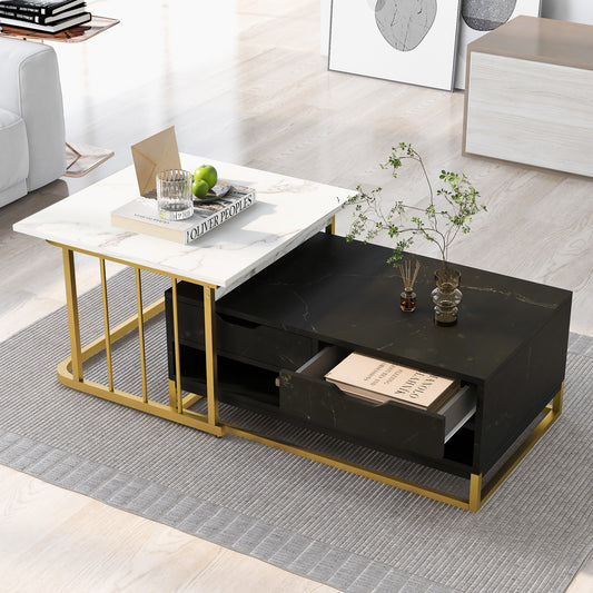 Modern Marble Nesting Golden Coffee Table Set of 2, Metal Frame, with Drawers & Shelves Storage for Living Room
