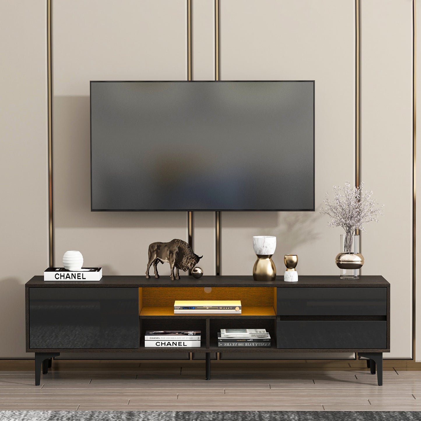 TV stand,TV Cabinet,entertainment center,TV console,media console,with LED remote control lights,UV bloom drawer panel,ferrous legs,can be placed in the living room, bedroom, color: Dark Brown+black