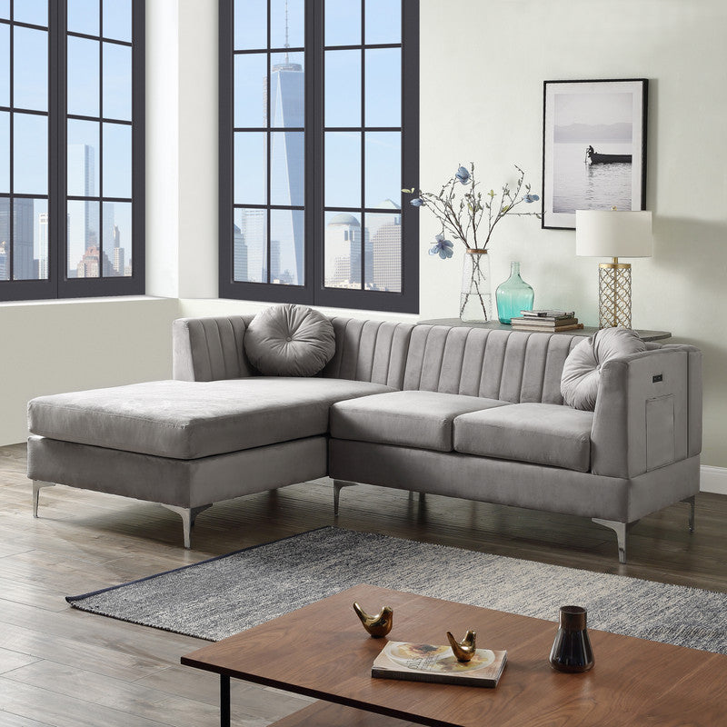 Chloe Gray Velvet Sectional Sofa Chaise with USB Charging Port - Enova Luxe Home Store