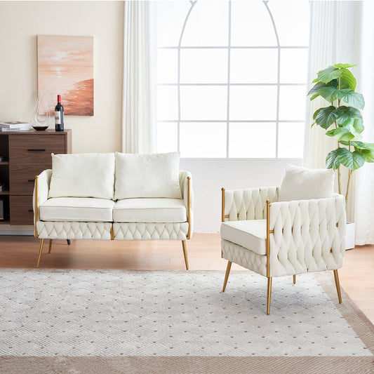 Stylish Handmade Woven Back Upholstered Sofa Set with 1 Accent Chair and 1 Loveseat Sofa, Modern Sofa Set for Living Room And Small Living Spaces , Cream White Velvet