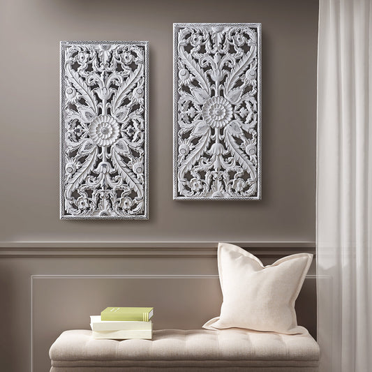 Botanical Panel Distressed Carved Wood 2-piece Wall Decor Set - Enova Luxe Home Store