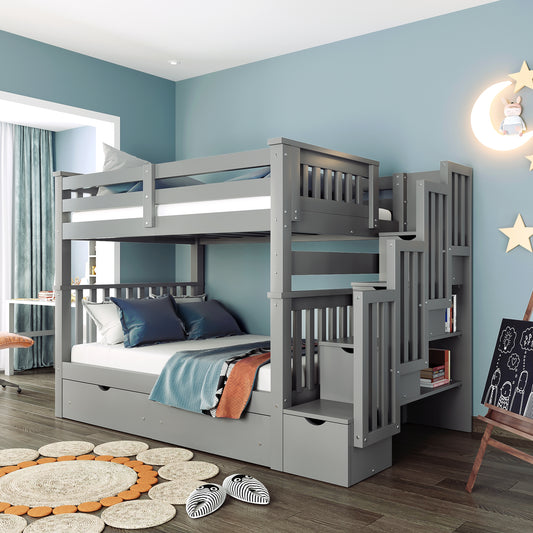 Full Over Full Bunk Bed with Shelves and 6 Storage Drawers, Gray - Enova Luxe Home Store