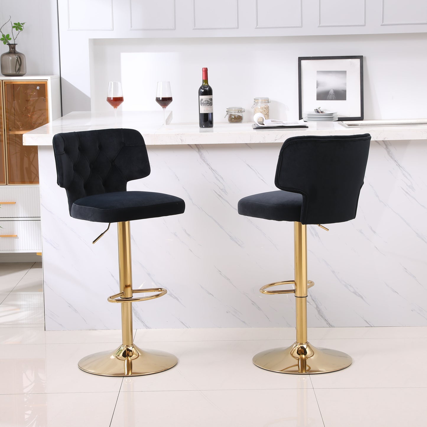 Modern Barstools Bar Height, Swivel Velvet Bar Stool Counter Height Bar Chairs Adjustable Tufted Stool with Back& Footrest for Home Bar Kitchen Island Chair (Black, Set of 2) - Enova Luxe Home Store