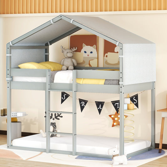 Twin Over Twin Bunk Bed Wood Bed with Tent, Gray