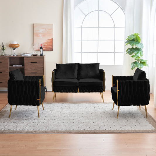 Comfy Handmade Bucket Woven Fluffy Tufted Upholstered Sofa Set Living Room, 2 Accent Chair and 1 Two Seater Sofa , Black Velvet