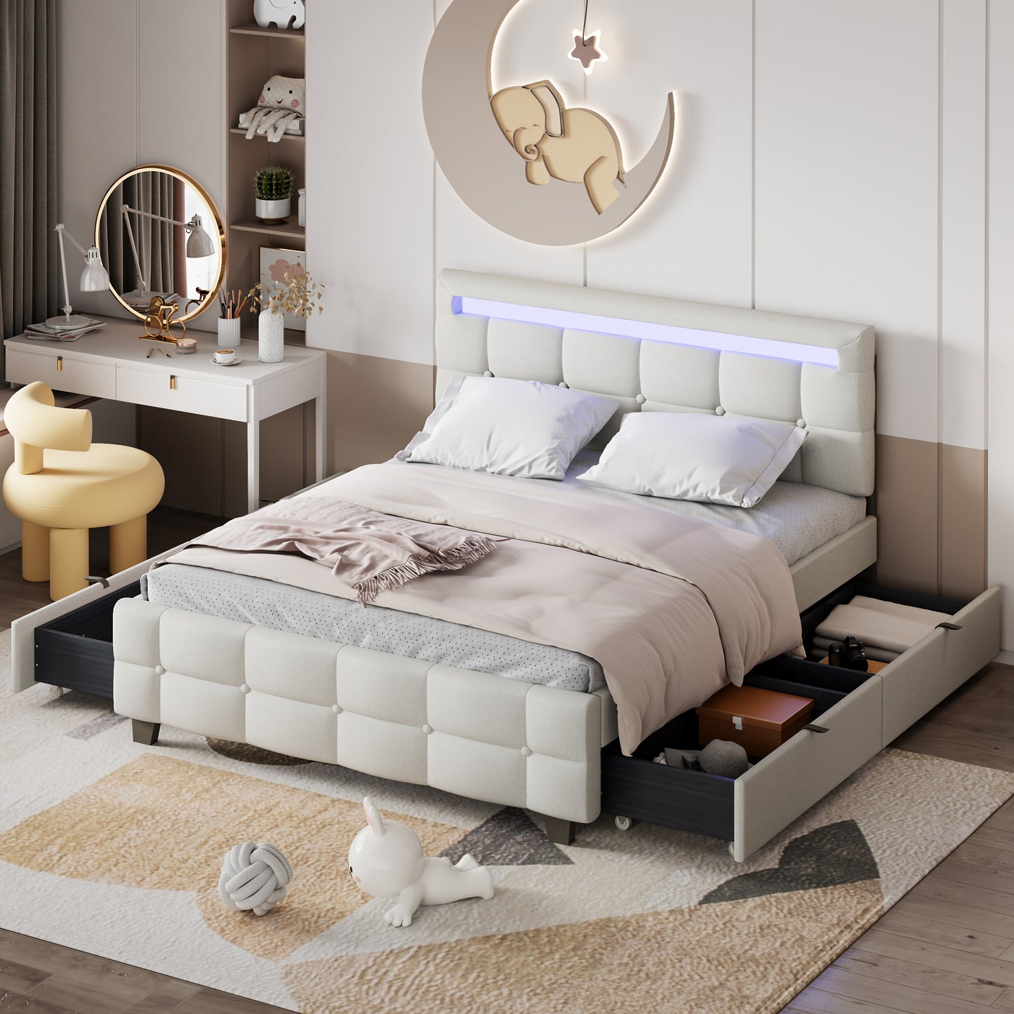 Queen Size Upholstered Platform Bed with LED Frame and 4 Drawers, Linen Fabric, Beige - Enova Luxe Home Store