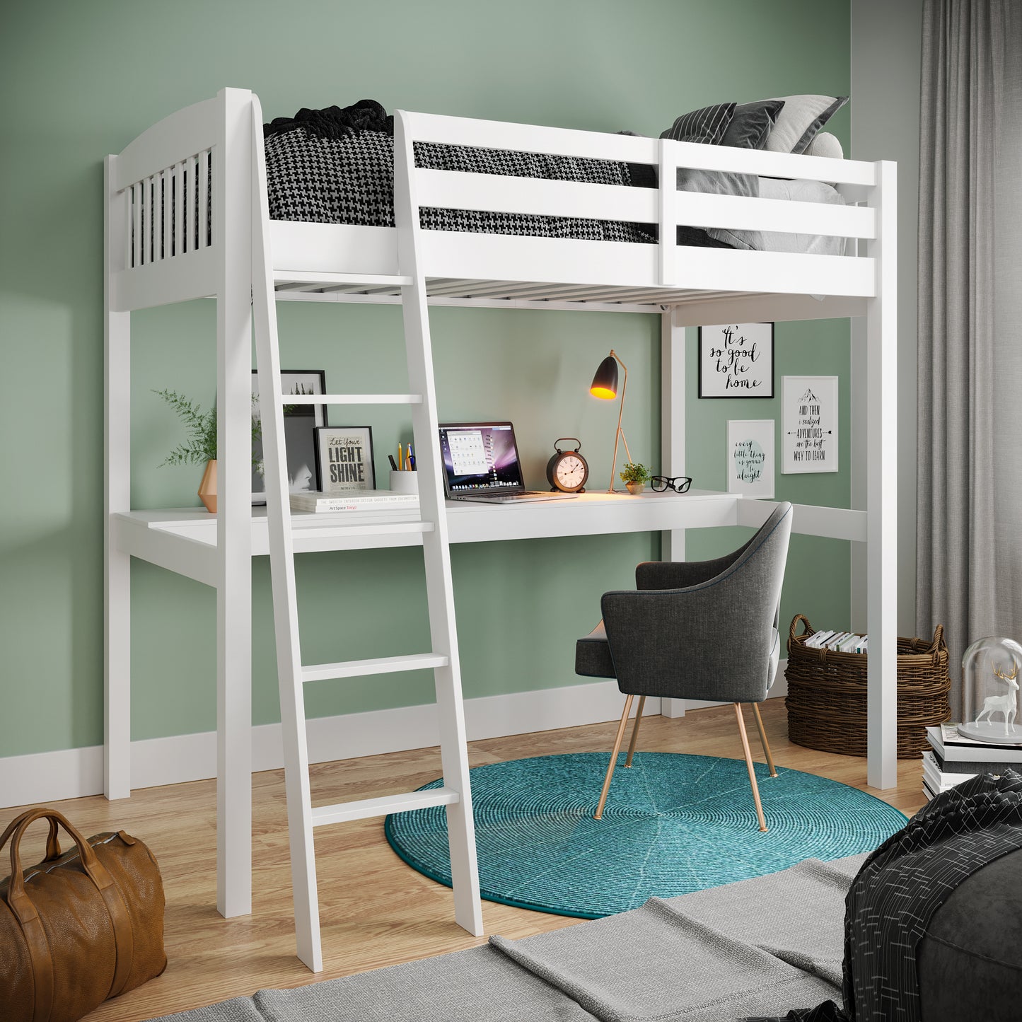 Yes4Wood Everest White High Loft Bed with Desk and Storage, Space Saver Twin Size Kids Loft Bed with Stairs for Toddlers Assembled in Sturdy Solid Wood, No Box Spring Needed - Enova Luxe Home Store