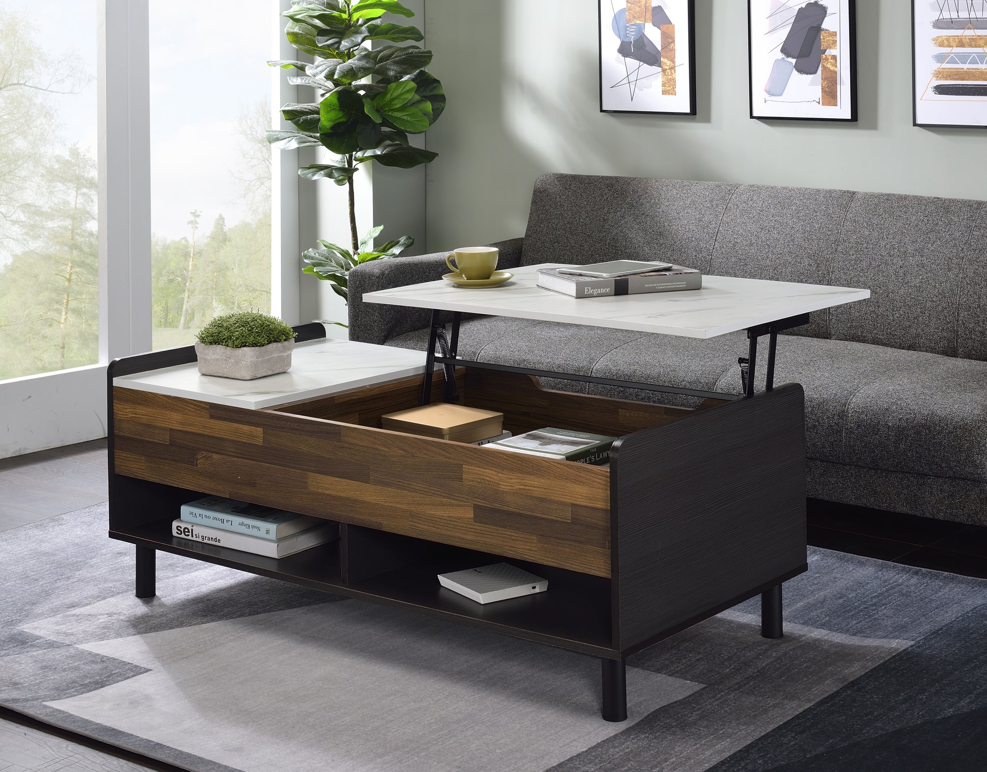 ACME Axel Coffee Table w/Lift Top, Marble, Walnut & Black Finish LV00828 - Enova Luxe Home Store