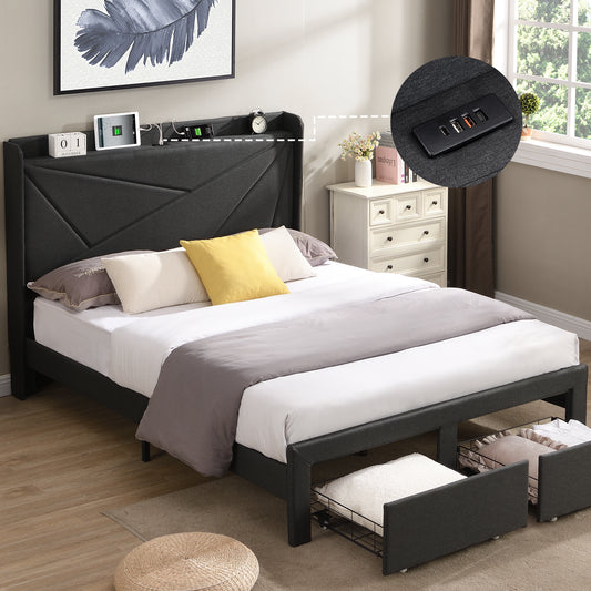 Queen Size Bed Frame with 2 Storage Drawers, Upholstered Bed Frame with Wingback Headboard Storage Shelf Built-in USB Charging Stations and Strong Wood Slats Support, No Box Spring Needed, Dark Gray - Enova Luxe Home Store