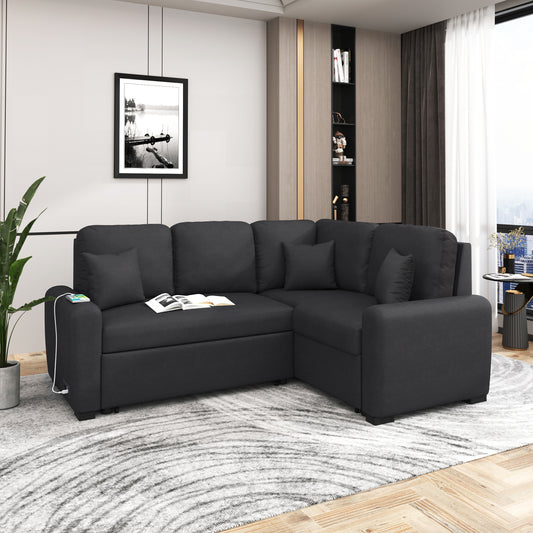 87.4"Sectional Sleeper Sofa with USB Charging Port and Plug Outlet,Pull-Out Sofa Bed with 3 Pillows, L-Shape Chaise for Living Room Small Apartment,Black (old sku SG000720AAB)