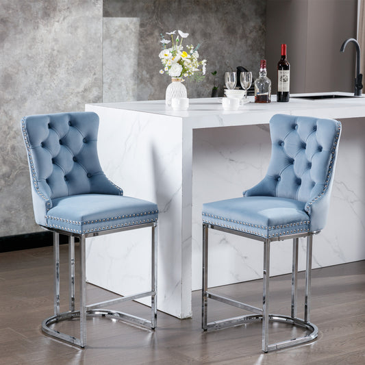 26" Counter Height Bar Stools Set of 2, Modern Velvet Barstools with Button Back&Rivet Trim Upholstered Kitchen Island Chairs with Sturdy Chromed Metal Base Legs Farmhouse Bar Stools,Light Blue,2 Pack - Enova Luxe Home Store