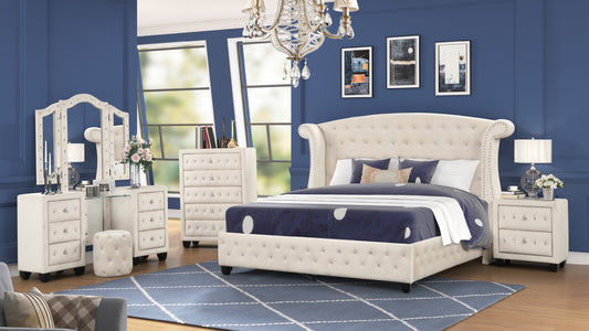Sophia Crystal Tufted Queen 4 Pc Vanity Bedroom Set Made with Wood in Cream - Enova Luxe Home Store