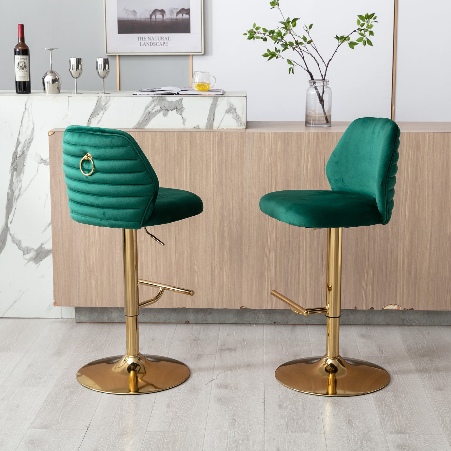 Swivel Bar Stools Chair Set of 2 Modern Adjustable Counter Height Bar Stools, Velvet Upholstered Stool with Tufted High Back & Ring Pull for Kitchen , Chrome Golden Base, Green - Enova Luxe Home Store