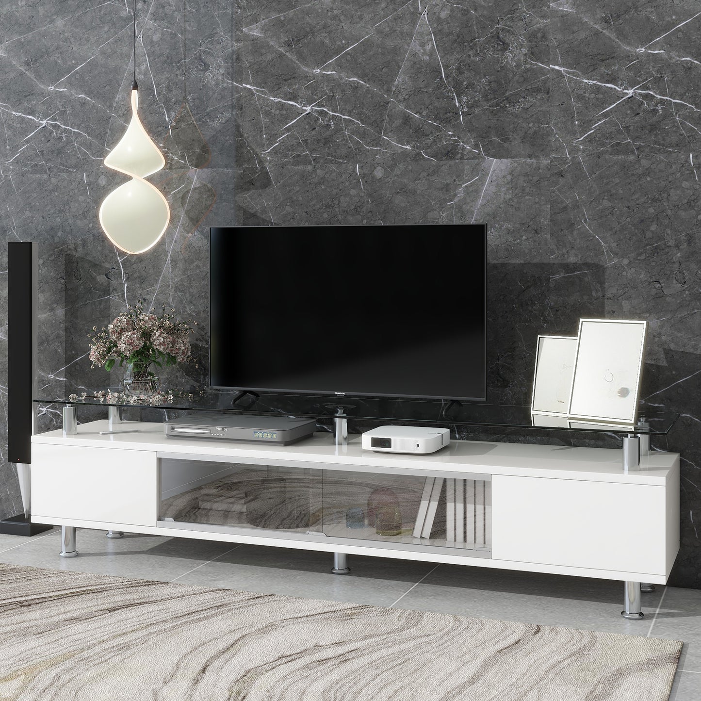 ON-TREND Sleek Design TV Stand with Silver Metal Legs for TV Up to 70", Tempered Glass TV Cabinet with Ample Storage Capacity, Contemporary Media Console with Sliding Glass Door for Living Room, White - Enova Luxe Home Store