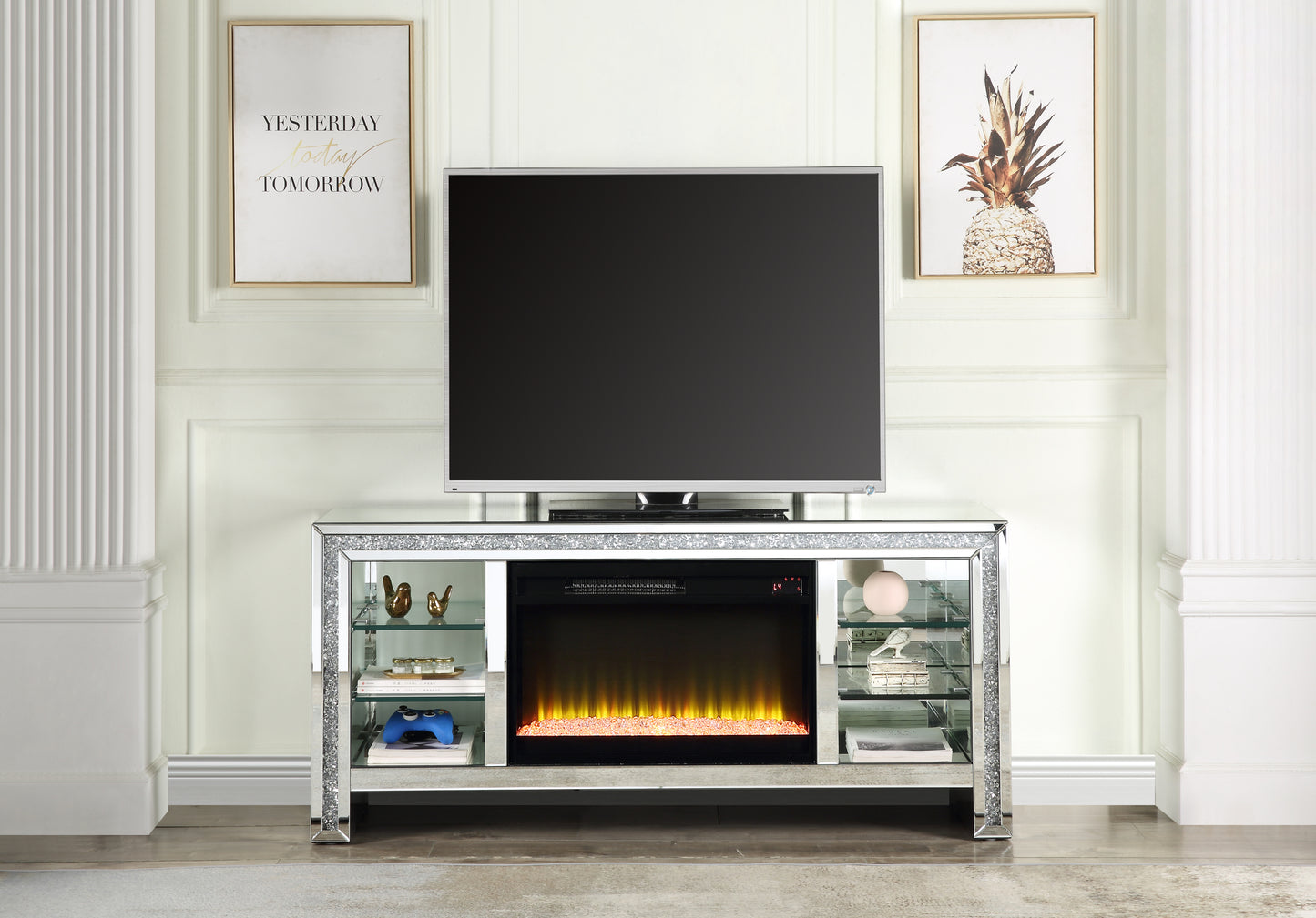ACME Noralie TV STAND W/FIREPLACE & LED Mirrored & Faux Diamonds LV00317 - Enova Luxe Home Store