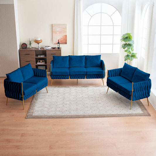 3 Piece Modern Velvet Upholstered Living Room Set with 3-Seater Sofa and 2 Loveseats, Handmade Woven Tufted Back and Arms, Golden Metal Legs, Blue Velvet