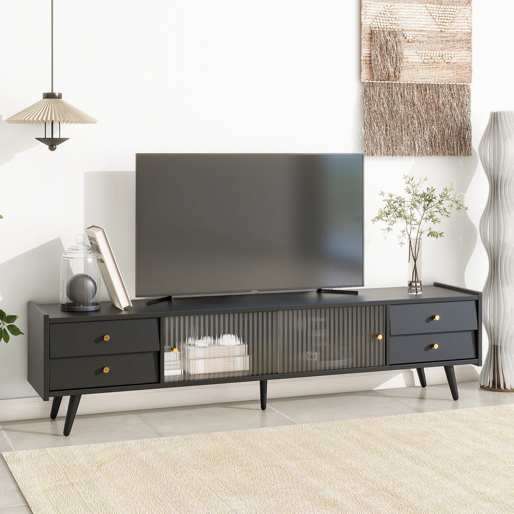 ON-TREND Contemporary TV Stand with Sliding Fluted Glass Doors, Slanted Drawers Media Console for TVs Up to 70", Chic Elegant TV Cabinet with Golden Metal Handles , Black - Enova Luxe Home Store