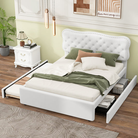 Full Size Upholstery Platform Bed with Storage Drawers and Trundle,White