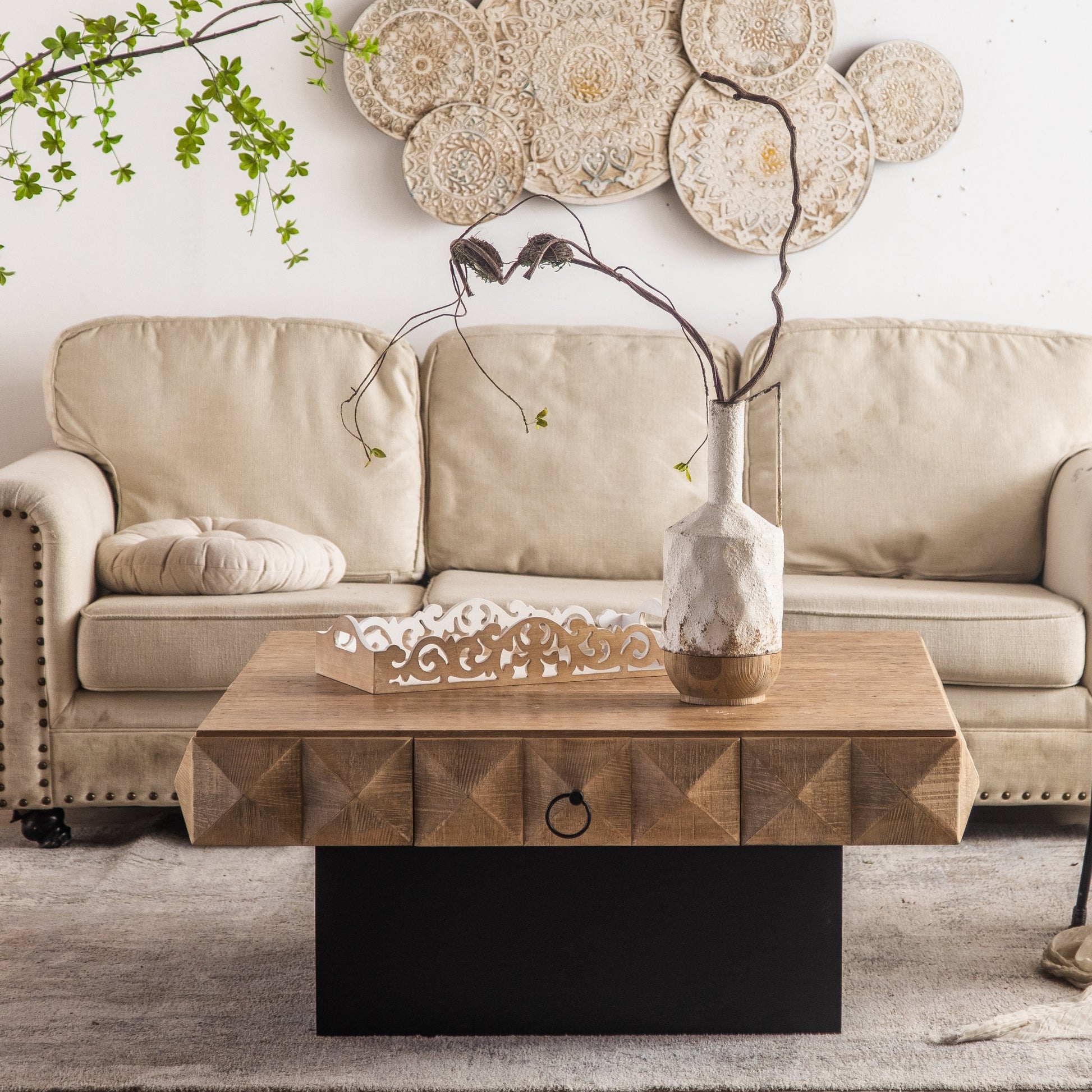 41.73"Three-dimensional Embossed  Pattern Square Retro Coffee Table with 2 Drawers and MDF Base - Enova Luxe Home Store