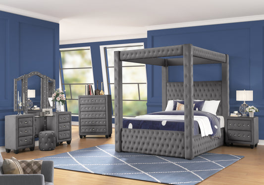 Monica luxurious Four-Poster Queen 5 Pc Vanity Bedroom Set Made with Wood in Gray - Enova Luxe Home Store
