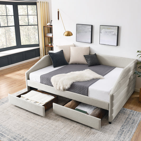 Queen Size Daybed with Two Drawers Trundle Upholstered Tufted Sofa Bed, Linen Fabric, Beige (88"x64.5"x34")
