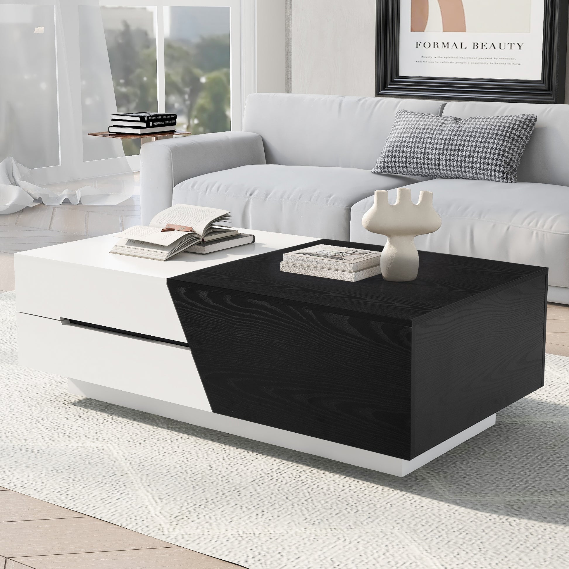 Modern Extendable Sliding Top Coffee Table with Storage in White&Black - Enova Luxe Home Store