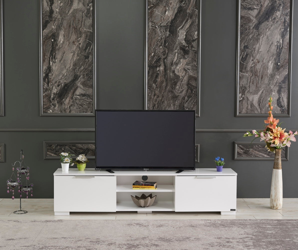 FurnisHome Store April Mid Century Modern Tv Stand 2 Door Cabinets 2 Shelves White 66 inch Tv Unit, White - Enova Luxe Home Store