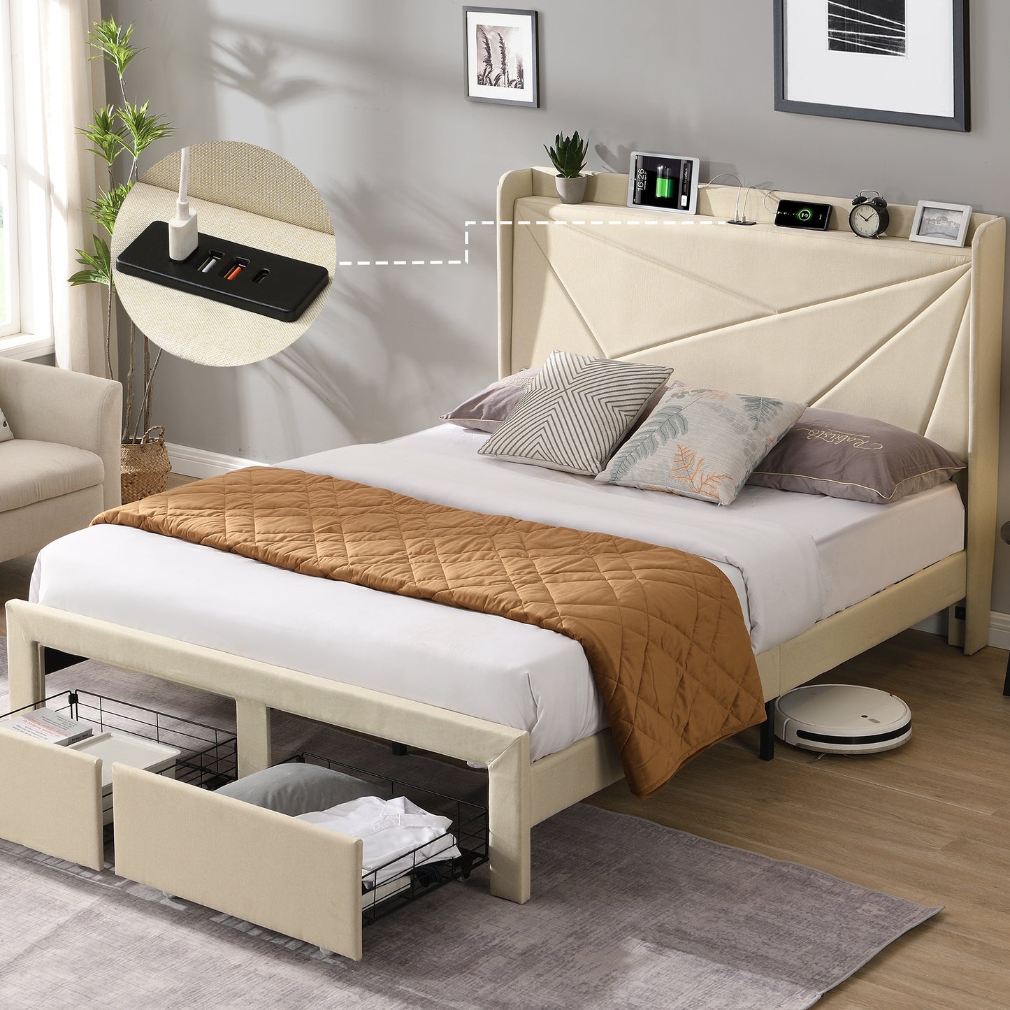 Queen Size Bed Frame with 2 Storage Drawers, Upholstered Bed Frame with Wingback Headboard Storage Shelf Built-in  USB Charging Stations and Strong Wood Slats Support, No Box Spring Needed, Beige