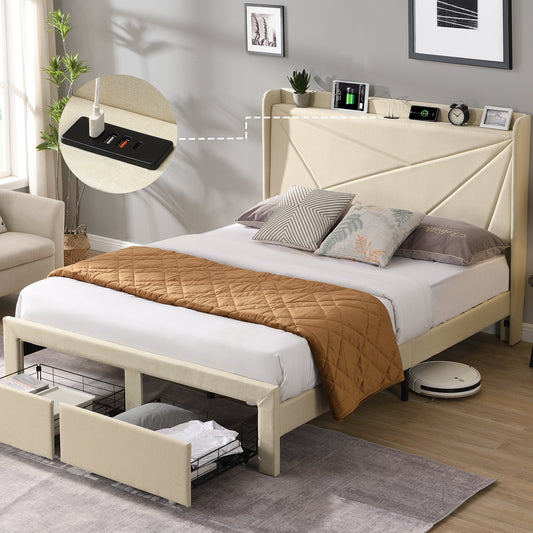 Queen Size Bed Frame with 2 Storage Drawers, Upholstered Bed Frame with Wingback Headboard Storage Shelf Built-in  USB Charging Stations and Strong Wood Slats Support, No Box Spring Needed, Beige - Enova Luxe Home Store