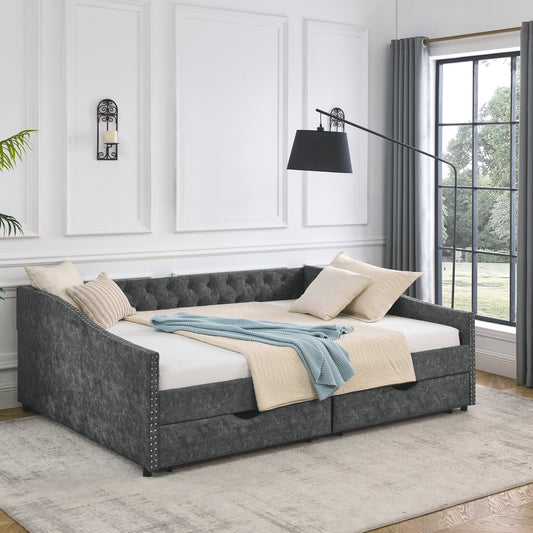 Queen Size Daybed with Drawers Upholstered Tufted Sofa Bed,,with Button on Back and Copper Nail on Waved Shape Arms, Grey (84.5"x63.5"x26.5") - Enova Luxe Home Store