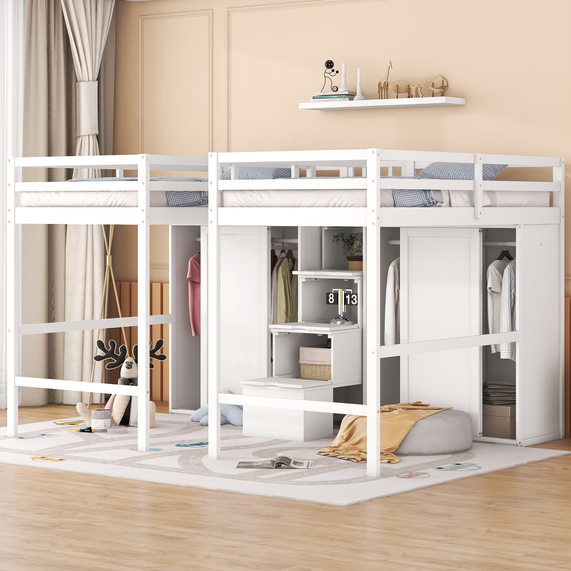 Double Twin Loft Beds with Wardrobes and Staircase, White - Enova Luxe Home Store