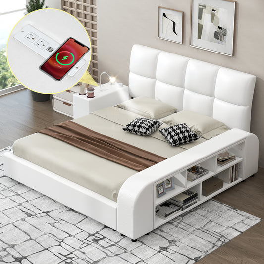 Queen Size Upholstered Platform Bed with Multimedia Nightstand and Storage Shelves, White